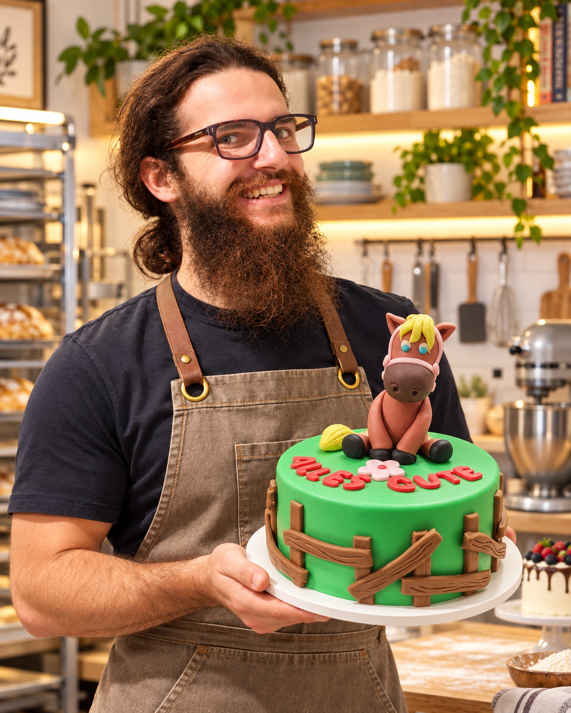 Rick mit einer selbstgemachten Pferdetorte in seiner Backstube